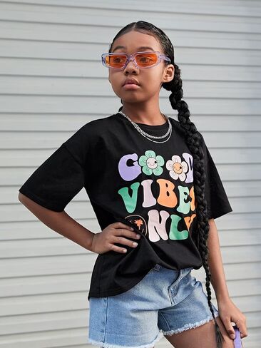 COZYEASE Girl's Letter Graphic Oversized T Shirts Drop Shoulder Short Sleeve Cute Shirts Loose Tee Summer Tops in Saudi Arabia