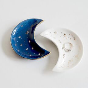 Small Moon Jewelry Dish Tray, Set of 2, Decorative Ceramic Trinket Dish, Modern Accent Tray for Vanity (Black and Blue)