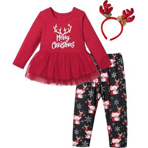 ADIFUN Toddler Girl Christmas Outfit Deer Long Sleeve Trousers 3-Piece Set Christmas Gifts For Girls in Saudi Arabia