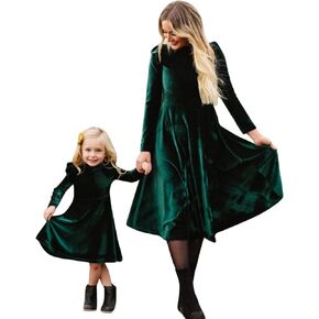 Mommy and Me Dress Ruffle Long Sleeve Casual Christmas Party Velvet Dress Mother Daughter Family Matching Dress Clothes