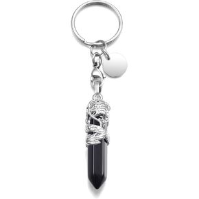 MANIFO Black Obsidian Healing Crystal Keyring Sliver Dragon Wrapped Hexagonal Crystals Pointed Gemstone Pendant Keychain Charm