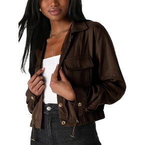 Vimyig Women's Lightweight Black Cropped Utility Jacket Military Safari Button Down Anorak Coat with Pockets
