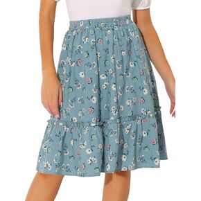 Allegra K Women's A-Line Ruffle Elastic Waist Flowy Tiered Floral Knee Length Skirt in Kuwait