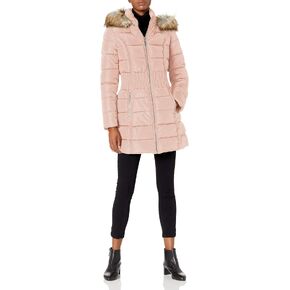 Laundry by Shelli Segal Women's 3/4 Puffer Jacket with Zig Zag Cinched Waist and Faux Fur Trim Hood