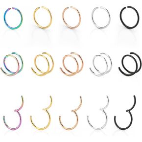 CrazyPiercing 15 قطعة من حلقات الأنف 20 جرام حلقة أنف صغيرة من الفولاذ المقاوم للصدأ حلقة أنف مزدوجة حلقة أنف لثقب واحد، مجوهرات مشبك الأنف للرجال والنساء in Kuwait