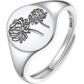 FindChic 925 Sterling Silver Birth Flower Signet Ring Adjustable Size 6 to 11 Round Medal Floral Stamped Jewelry Gift for Mom Daughter, with Gift Box