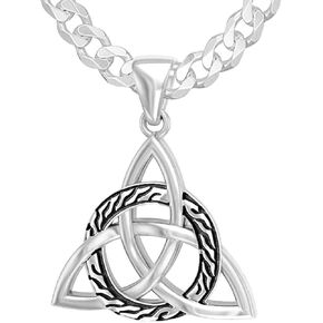 US Jewels Men's 925 Sterling Silver 28mm Irish Celtic Triquetra Knot Charm Pendant Necklace, 18in to 24in