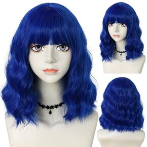 ANOGOL Hair Cap +14Inch Blue Wig Short Bob Wig With Bangs Wavy Synthetic Wig Dark Blue Wigs For Women Cosplay Wig Theme Party Shoulder Length Curled Wigs For Daily Use Halloween Costume