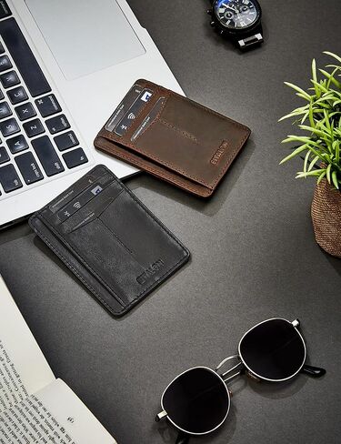 محفظة جلدية حقيقية من ESTALON للرجال والنساء - حامل بطاقات ائتمان نحيف RFID وجيب أمامي محافظ صغيرة لطيفة مع نافذة لبطاقة الهوية in Kuwait