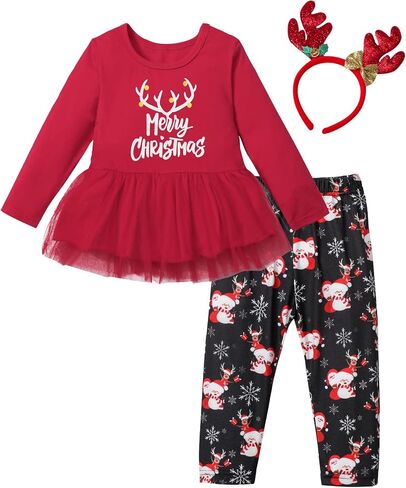 ADIFUN Toddler Girl Christmas Outfit Deer Long Sleeve Trousers 3-Piece Set Christmas Gifts For Girls in Kuwait
