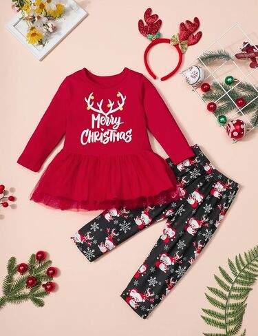 ADIFUN Toddler Girl Christmas Outfit Deer Long Sleeve Trousers 3-Piece Set Christmas Gifts For Girls in Kuwait