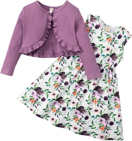 Kid Toddler Girl Fall Dress+Cardigan 2 Piece Floral/Plaid Sleeveless Dress and Cardigan Set 2-14Y in Saudi Arabia