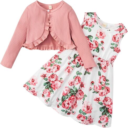 Kid Toddler Girl Fall Dress+Cardigan 2 Piece Floral/Plaid Sleeveless Dress and Cardigan Set 2-14Y in Saudi Arabia