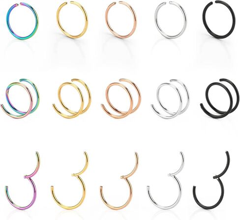 CrazyPiercing 15 قطعة من حلقات الأنف 20 جرام حلقة أنف صغيرة من الفولاذ المقاوم للصدأ حلقة أنف مزدوجة حلقة أنف لثقب واحد، مجوهرات مشبك الأنف للرجال والنساء in Kuwait