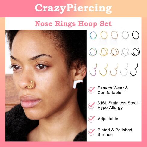 CrazyPiercing 15 قطعة من حلقات الأنف 20 جرام حلقة أنف صغيرة من الفولاذ المقاوم للصدأ حلقة أنف مزدوجة حلقة أنف لثقب واحد، مجوهرات مشبك الأنف للرجال والنساء in Kuwait