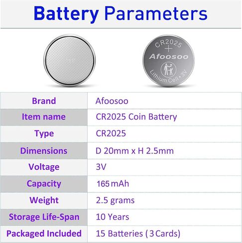afoosoo CR2025 3V بطارية ليثيوم عملة - 15 حزمة CR 2025 بطارية للسيارة التحكم عن بعد مفتاح فوب مرسيدس بنز MB Fitbit Zip Watch Garmin Vivofit Jr 3 ميزان الحرارة باب المرآب استبدال الاستشعار in Kuwait