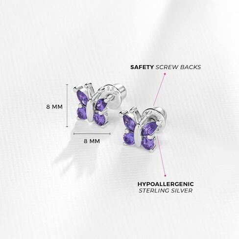 925 Sterling Silver Cubic Zirconia Butterfly Screw Back Earrings for Little Girls & Teens - Eye-catching and Fashionable Safety Stud Earrings - Sparkly and Elegant Jewelry for Girls in Saudi Arabia