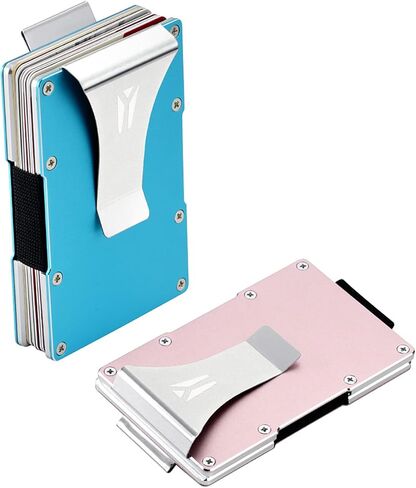 Yeacun Minimalist Women Man Aluminum Metal RFID Blocking Anti-Theft Wallet, Blue Pull-Out Design Convenient Credit Card Holder in Kuwait