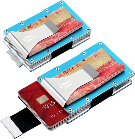Yeacun Minimalist Women Man Aluminum Metal RFID Blocking Anti-Theft Wallet, Blue Pull-Out Design Convenient Credit Card Holder in Kuwait