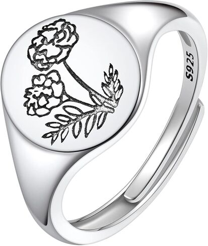 FindChic 925 Sterling Silver Birth Flower Signet Ring Adjustable Size 6 to 11 Round Medal Floral Stamped Jewelry Gift for Mom Daughter, with Gift Box in Saudi Arabia