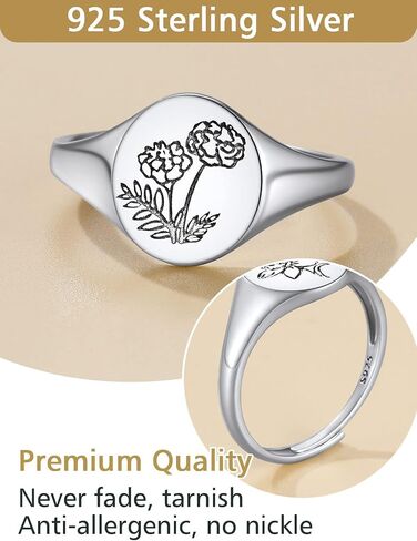FindChic 925 Sterling Silver Birth Flower Signet Ring Adjustable Size 6 to 11 Round Medal Floral Stamped Jewelry Gift for Mom Daughter, with Gift Box in Saudi Arabia