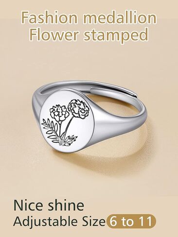 FindChic 925 Sterling Silver Birth Flower Signet Ring Adjustable Size 6 to 11 Round Medal Floral Stamped Jewelry Gift for Mom Daughter, with Gift Box in Saudi Arabia