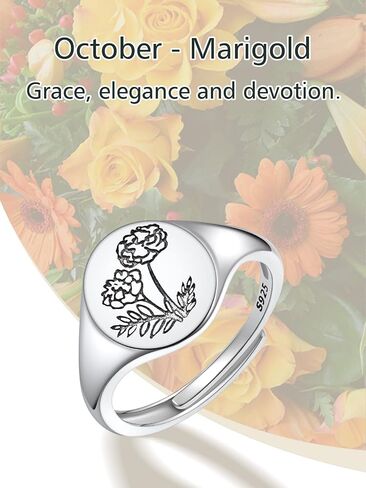 FindChic 925 Sterling Silver Birth Flower Signet Ring Adjustable Size 6 to 11 Round Medal Floral Stamped Jewelry Gift for Mom Daughter, with Gift Box in Saudi Arabia
