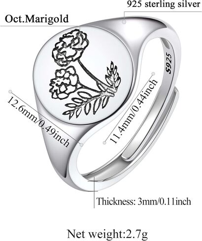 FindChic 925 Sterling Silver Birth Flower Signet Ring Adjustable Size 6 to 11 Round Medal Floral Stamped Jewelry Gift for Mom Daughter, with Gift Box in Saudi Arabia