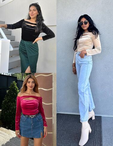 Kate Kasin Women Velvet Long Sleeve Bodysuit Off Shoulder Cutout Tops Black Skims Body Suits Fashion 2023 in Saudi Arabia