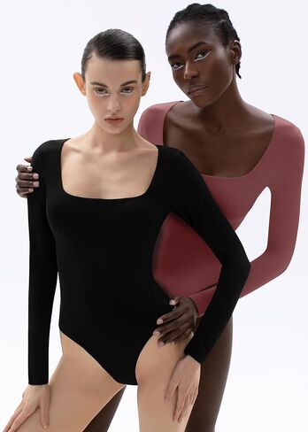 تي شيرت نسائي من UEU برقبة مربعة وأكمام طويلة باللون الأسود مبطن ببطانة مزدوجة للخروج in Kuwait