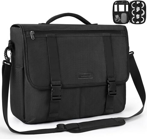Mens Messenger Bag 15.6 Inch Waterproof Laptop Briefcase Large Satchel Shoulder Bag Office Travel Business Computer Laptop Bag Cable Organizer Bag Set 2pcs,Black in Kuwait