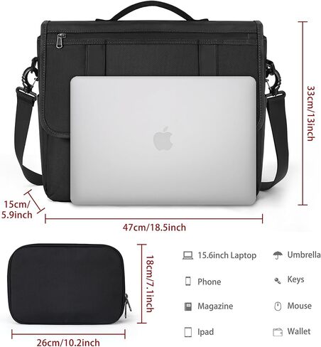 Mens Messenger Bag 15.6 Inch Waterproof Laptop Briefcase Large Satchel Shoulder Bag Office Travel Business Computer Laptop Bag Cable Organizer Bag Set 2pcs,Black in Kuwait
