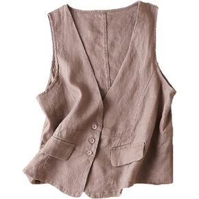 Dongfeng Women's Cotton Linen Sleeveless Vest Casual V Neck Button Down Blazer Waistcoat Jackets