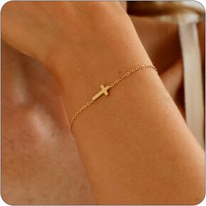 Dabovos 18K Gold Plated Cross Bracelet for Women Dainty Gold Bead Cross Bracelet for Girls Adjustable Simple Link Chain Bracelets Faith Confirmation Jewelry Gifts in Kuwait