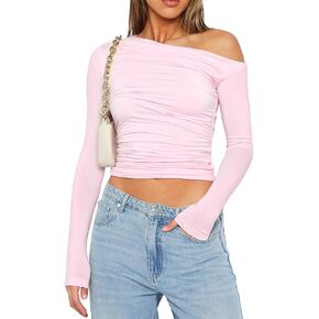 Annystore Off The Shoulder Tops for Women Long Sleeve Boat Neck Ruched Asymmetrical Tee T Shirts Going Out Crop Blouse
