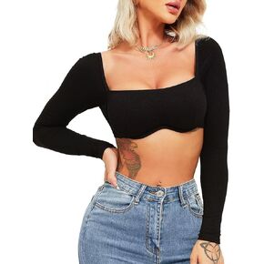 TZLDN Women's Going Out Tops Long Sleeve Crop Tops Square Neck Cute Trendy Ribbed Slim Fitted Casual Y2K Tee Shirts in Kuwait