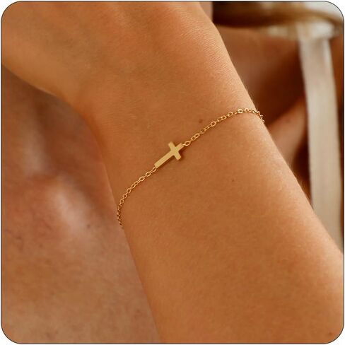 Dabovos 18K Gold Plated Cross Bracelet for Women Dainty Gold Bead Cross Bracelet for Girls Adjustable Simple Link Chain Bracelets Faith Confirmation Jewelry Gifts in Kuwait