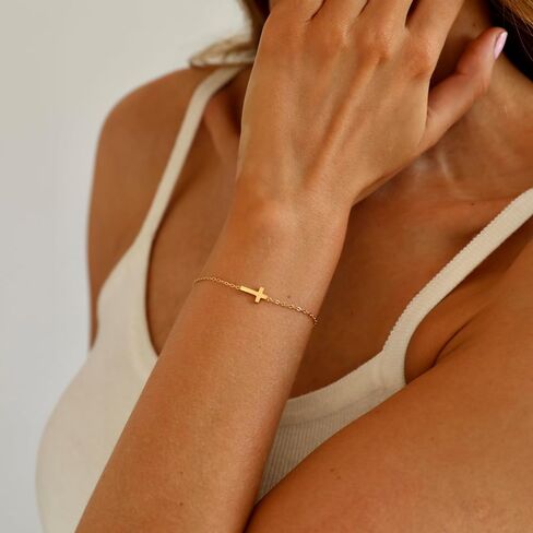 Dabovos 18K Gold Plated Cross Bracelet for Women Dainty Gold Bead Cross Bracelet for Girls Adjustable Simple Link Chain Bracelets Faith Confirmation Jewelry Gifts in Kuwait
