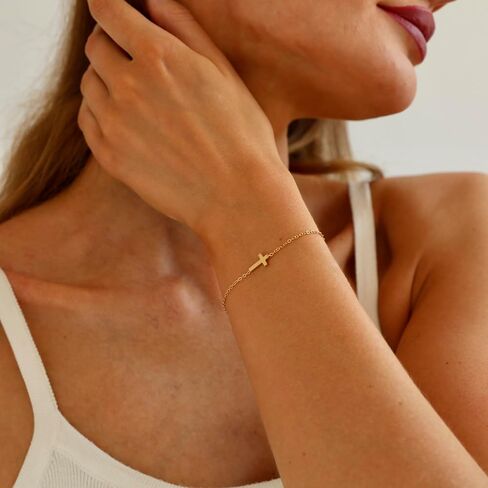 Dabovos 18K Gold Plated Cross Bracelet for Women Dainty Gold Bead Cross Bracelet for Girls Adjustable Simple Link Chain Bracelets Faith Confirmation Jewelry Gifts in Kuwait