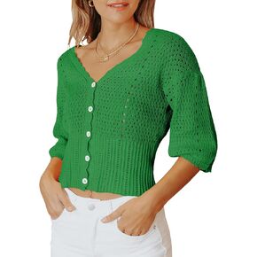 المرأة 3/4 كم اقتصاص البلوزات زر متماسكة بوليرو سترة خفيفة الوزن الكروشيه المحاصيل سترة قصيرة تتغاضى التستر in Kuwait