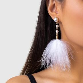 Rannyrena Fluffy Feather Drop Dangle Earrings Vintage Pearl Flocked Feather Tassel Earrings Long Statement Ear Accessories for Women and Girls (Red)