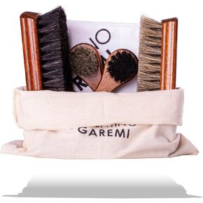 Valentino Garemi Shoe Care Brush Set - 2 Polishing Brushes, Cloth, 2 Applicators Brush - Genuine Horse Hair - Footwear Shine, Polish, Buff and Clean - Made in Germany in Kuwait