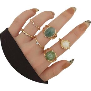 ZZ ZINFANDEL 6PCS Gold Green Jade Rhinestone Ring Sets for Women, Natural Gemstone Band Ring Good Luck Jade Ring Green Jade Rings for Teen Girls Thumb Jewelry in Saudi Arabia