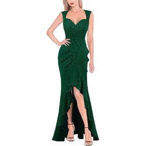 VFSHOW Womens Sexy Ruffle V Neck Ruched Formal Wedding Guest Prom Maxi Dress 2023 Sweetheart Evening Keyhole Back HI-LO Gown