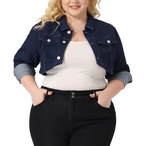 Agnes Orinda Plus Size Denim Jacket for Women Long Sleeve Washed Button Jean Crop Denim Jackets