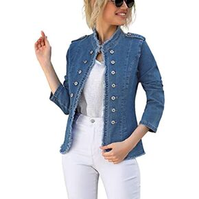 جاكيت جينز كاجوال بياقة واقفة للنساء من كوكي بقصة ضيقة ومفتوحة من الامام واكمام طويلة in Kuwait