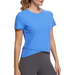 MathCat Cross Hem Workout Shirts for Women Short Sleeve Yoga Athletic Tees Ribbed Seamless Sports Breathable Tops