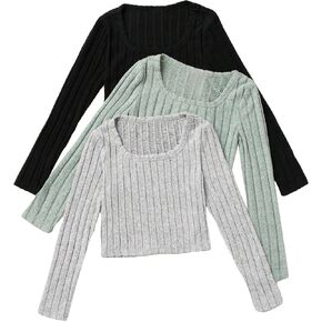 SOLY HUX Girl's Rib Knit T Shirts 3 Piece Square Neck Long Sleeve Fitted Crop Tee Tops in Saudi Arabia