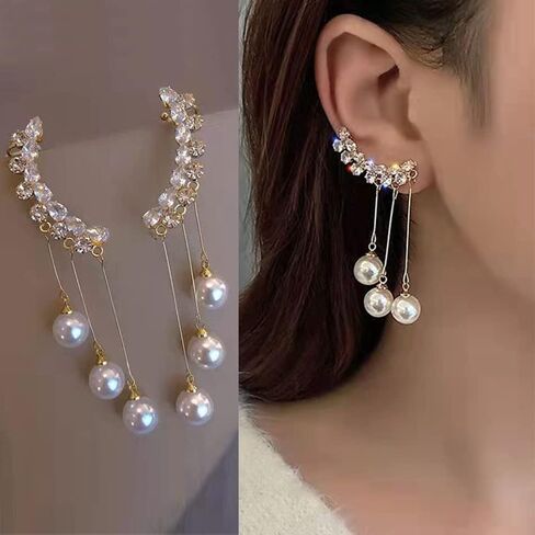 Rhinestone Pearl Drop Dangle Stud Earrings Ear Cuffs 14K Gold Long Pearl Drop Earrings Bridal Wedding Climber Cartilage Ear Wrap Prom Ball Ear Jewelry for Women Girls in Kuwait