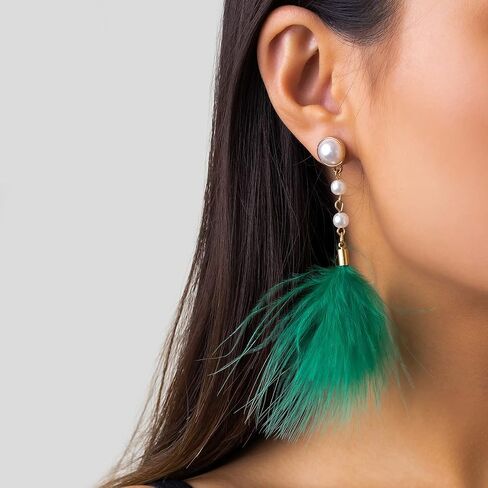 Rannyrena Fluffy Feather Drop Dangle Earrings Vintage Pearl Flocked Feather Tassel Earrings Long Statement Ear Accessories for Women and Girls (Red) in Kuwait